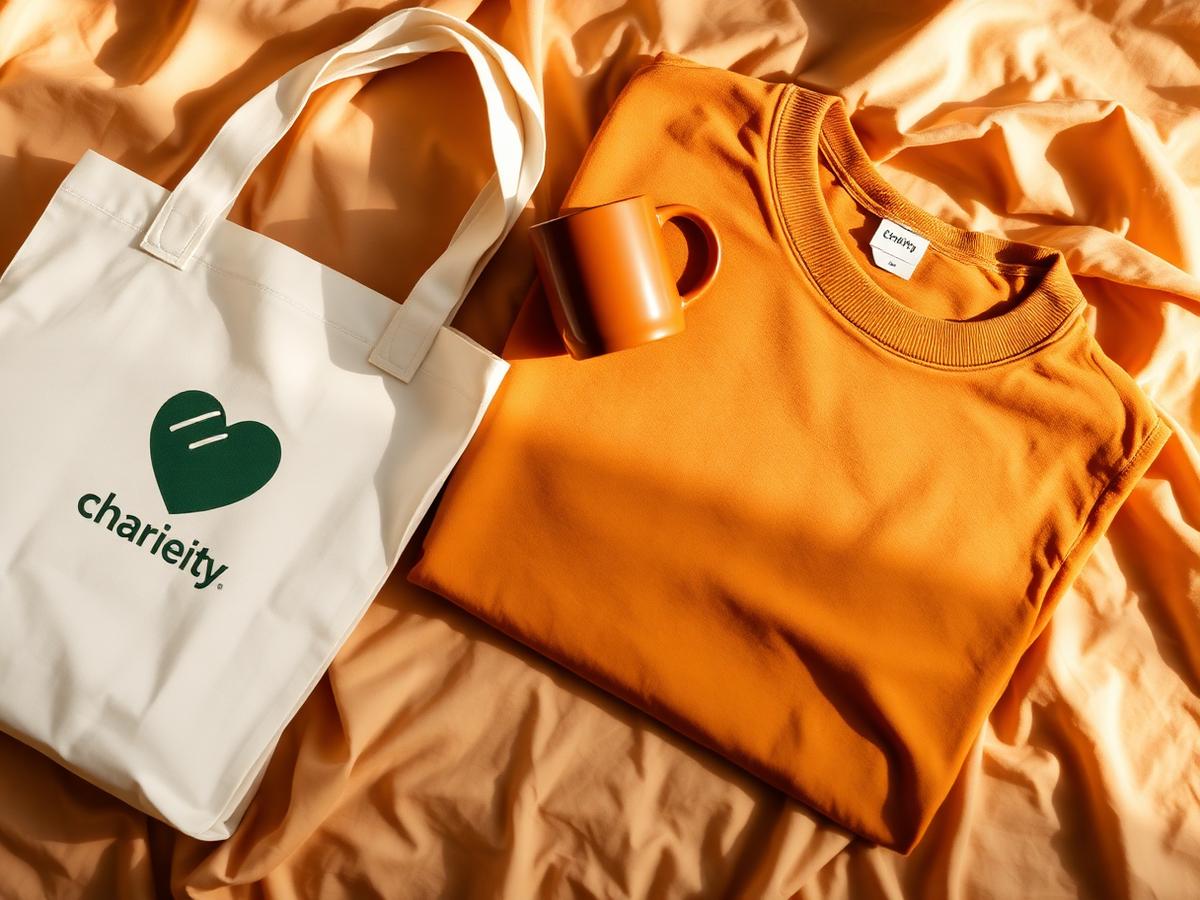 Charity merchandise: tote bag, mug and folded shirt