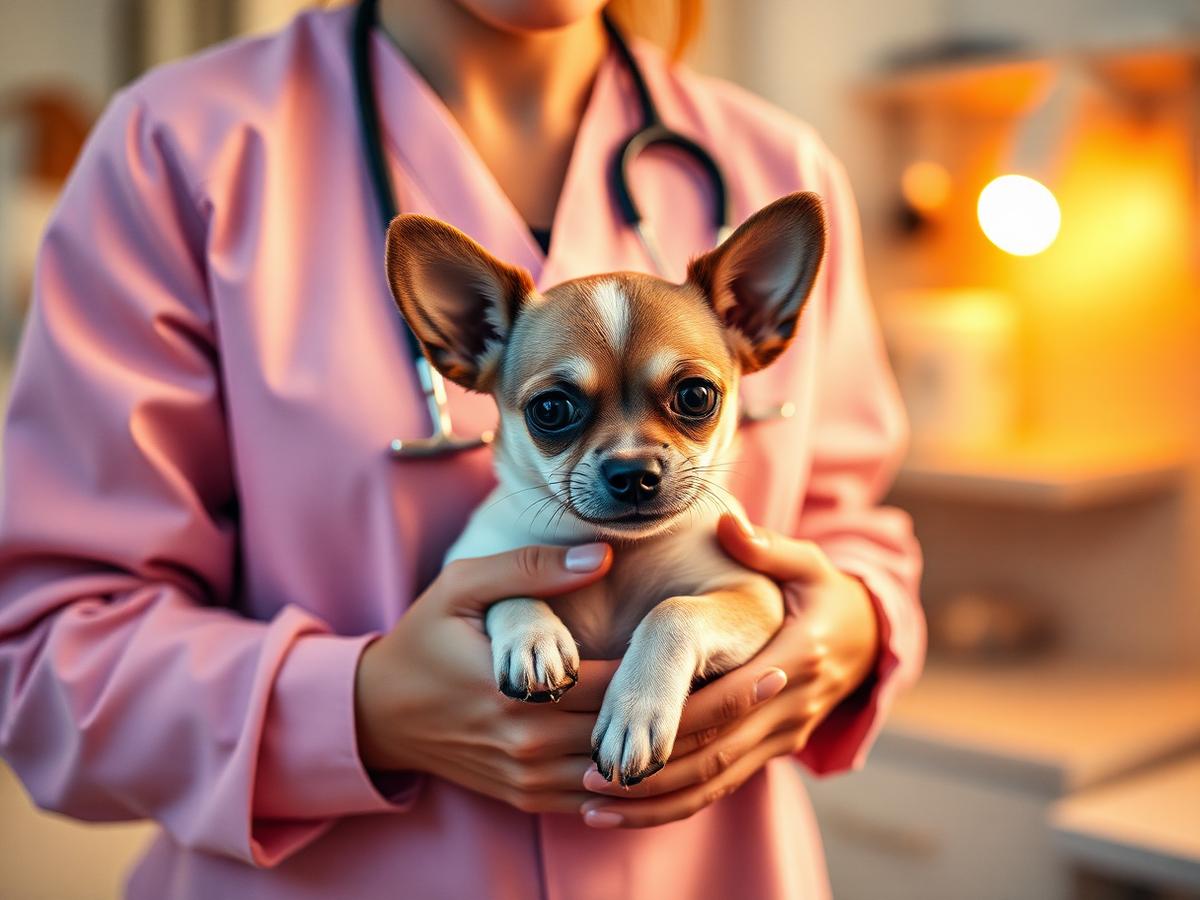 A veterinarian gently holding a small dog